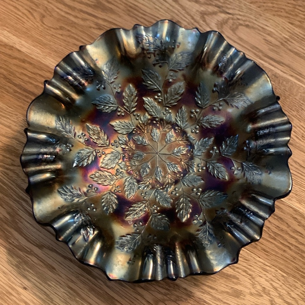 Rare Antique Fenton Carnival Glass Plate/dish 9” Holly & Berry Electric Blue